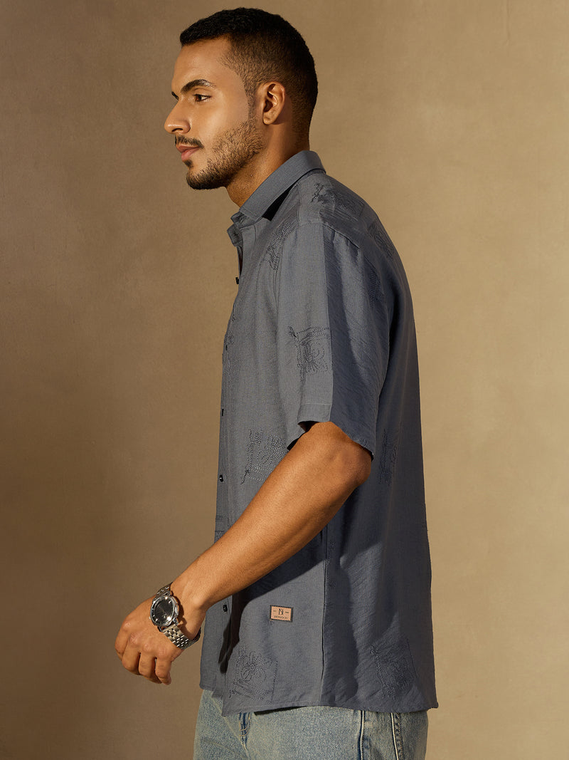 Dark Grey:Half Sleeves Embroidery Shirt