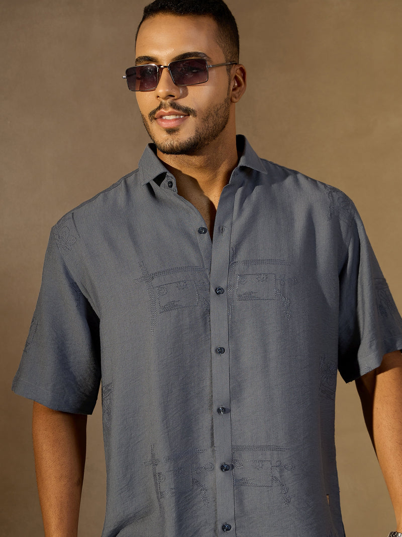 Dark Grey:Half Sleeves Embroidery Shirt