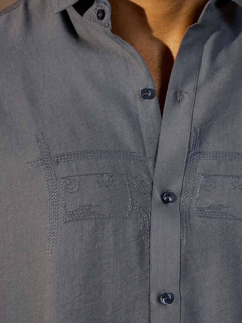 Dark Grey:Half Sleeves Embroidery Shirt