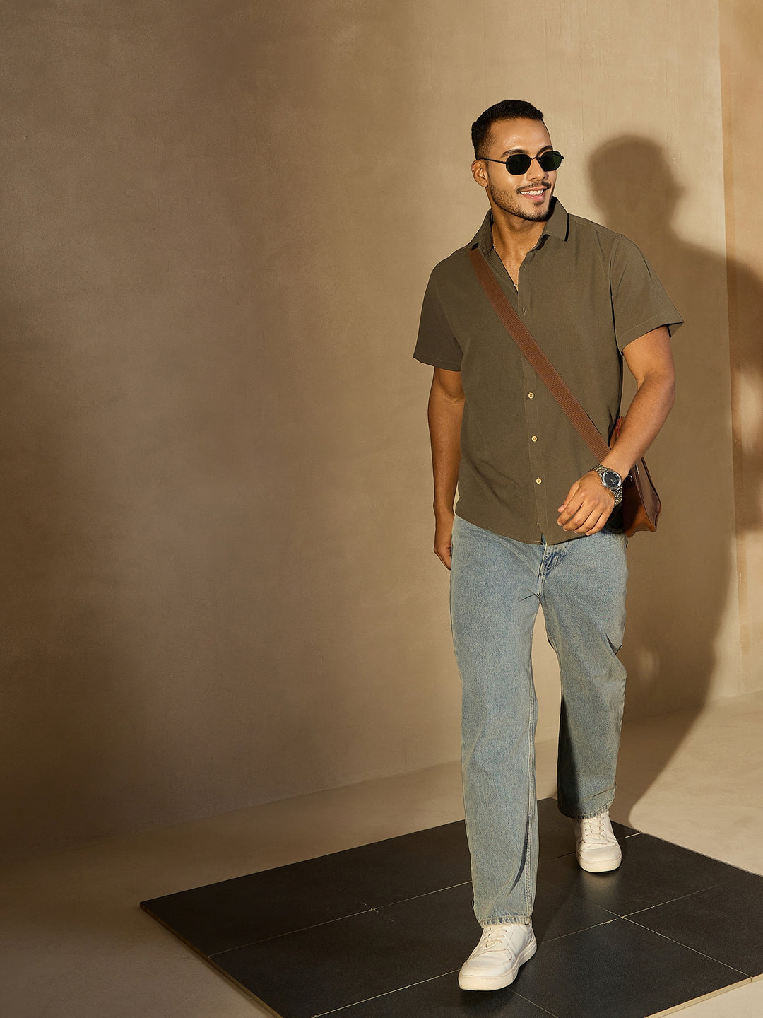 Olive Green Short Sleeves Cotton Shirt