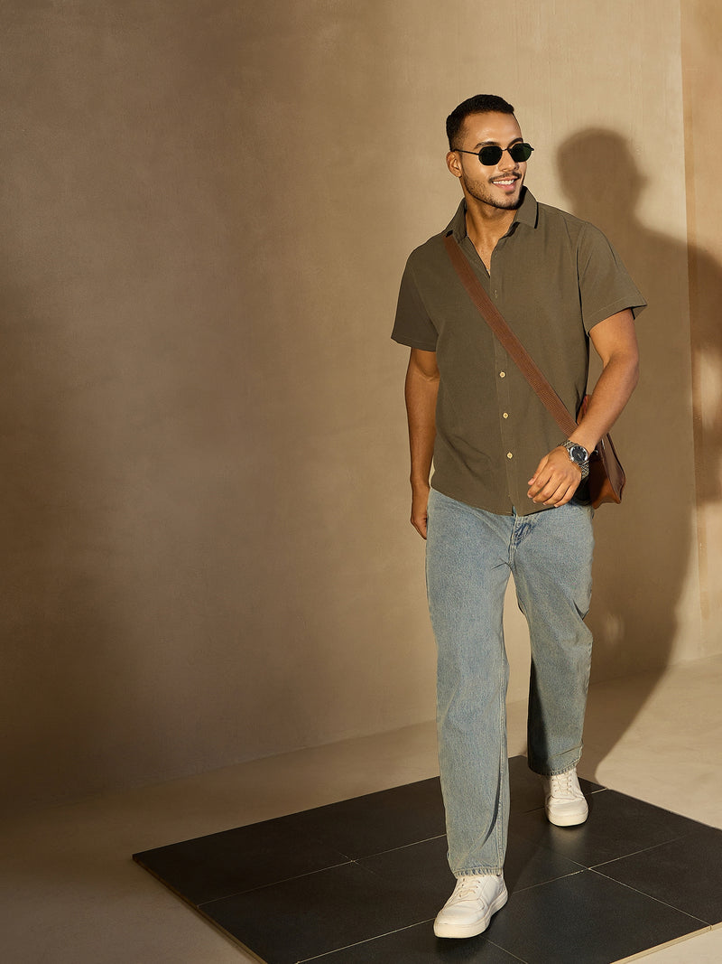Olive Green: Half Sleeves Cotton Shirt