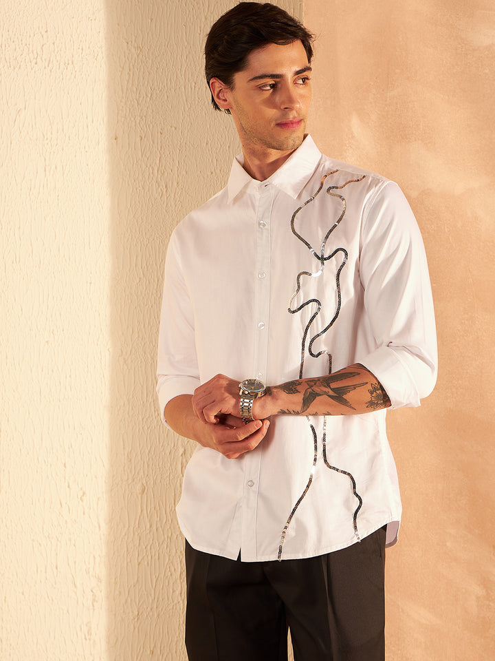 DENNISON Men White Sequenced Clubwear Shirt