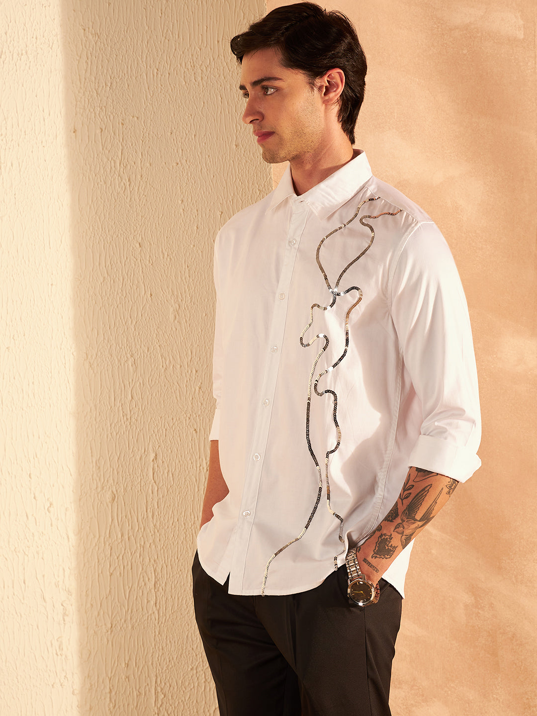 DENNISON Men White Sequenced Clubwear Shirt