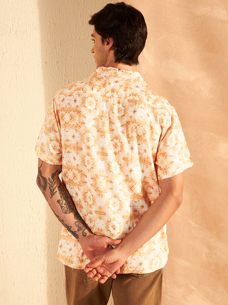 White & Orange: Half Sleeves Block Printed Shirt