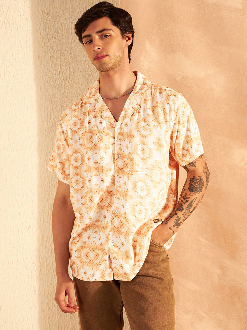 White & Orange: Half Sleeves Block Printed Shirt