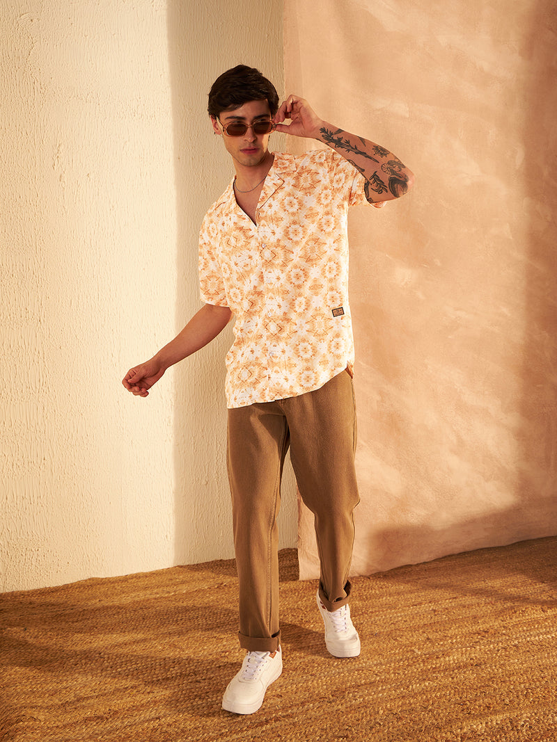 White & Orange: Half Sleeves Block Printed Shirt