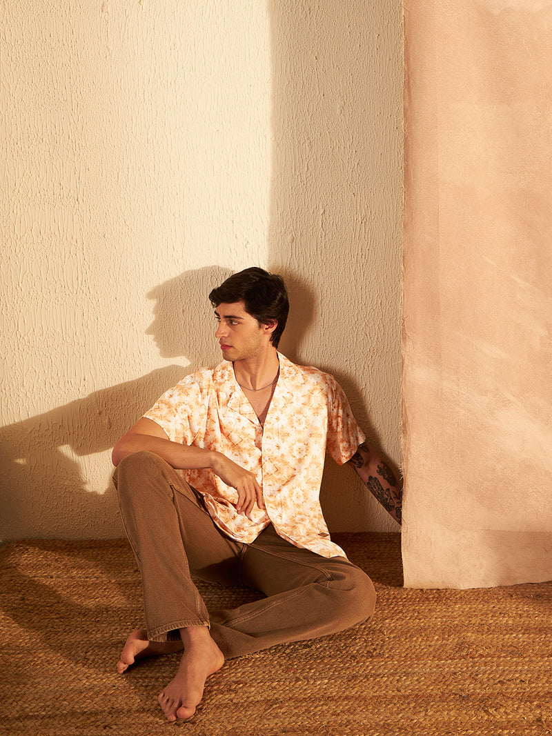 White & Orange: Half Sleeves Block Printed Shirt