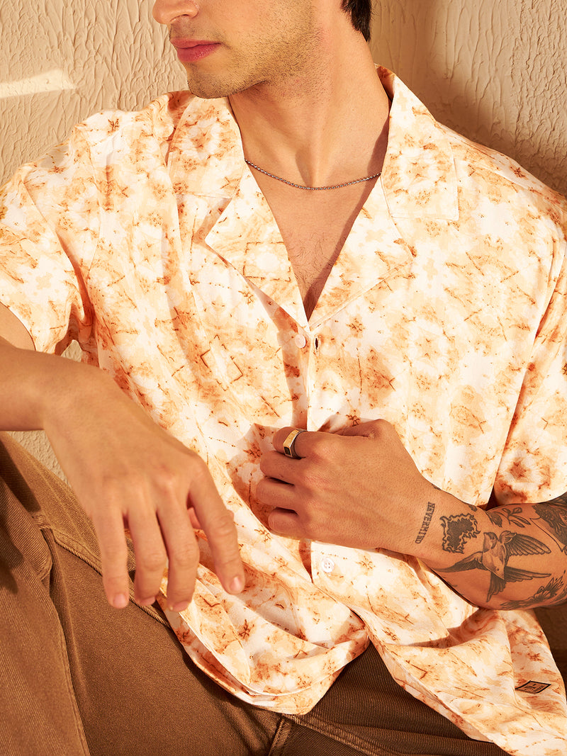White & Orange: Half Sleeves Block Printed Shirt