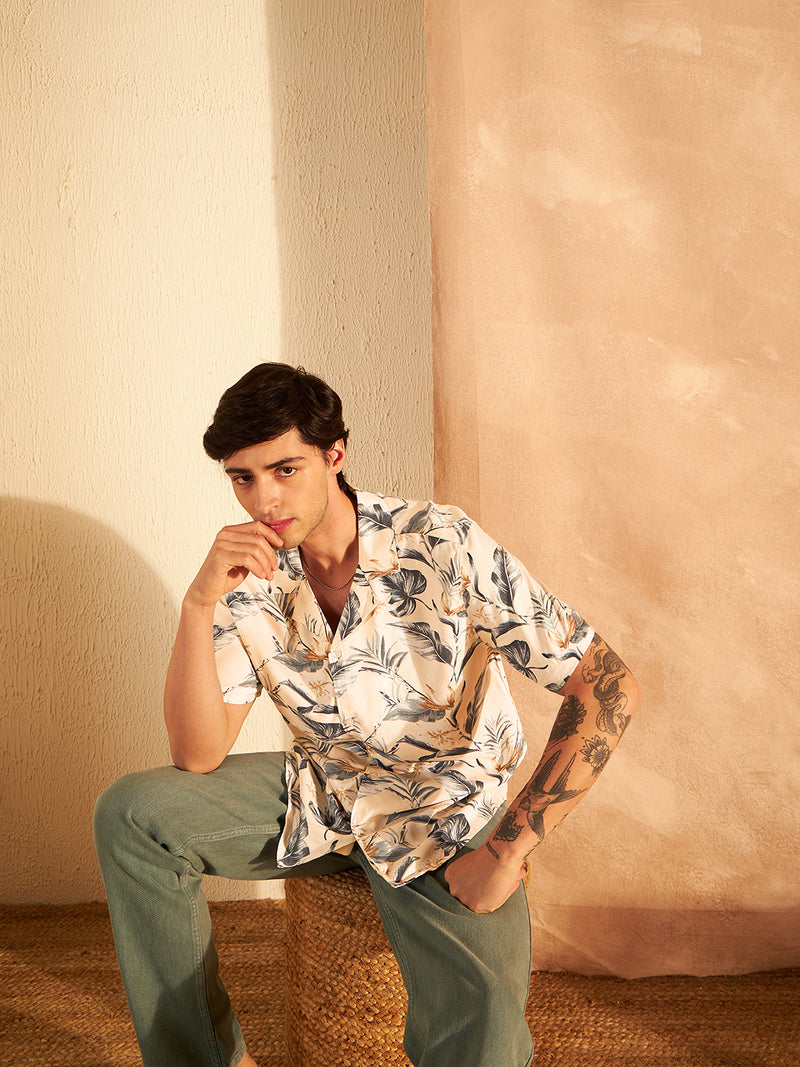 DENNISON Cream & Grey Block Printed Shirt