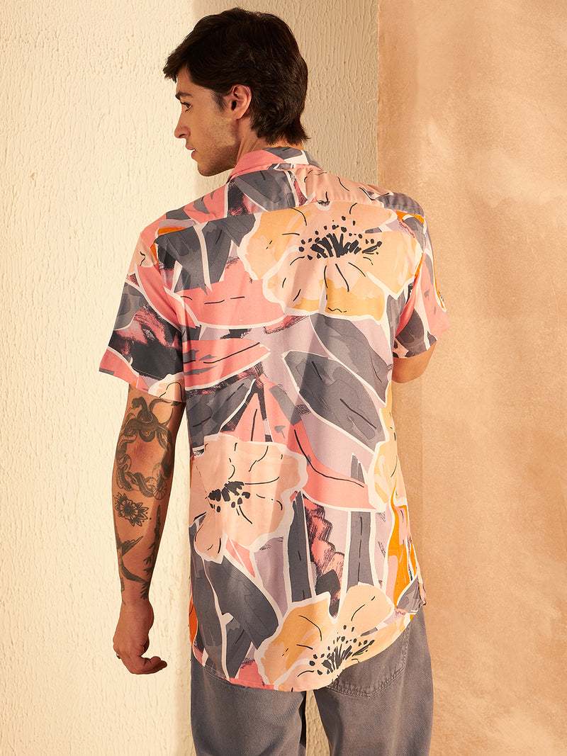 Peach & Grey: Half Sleeves Block Printed Shirt
