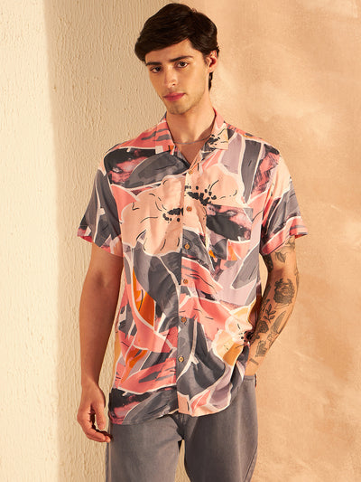 Peach & Grey: Half Sleeves Block Printed Shirt