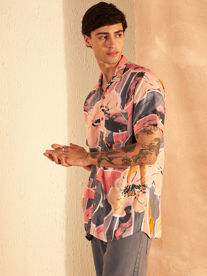 Peach & Grey: Half Sleeves Block Printed Shirt