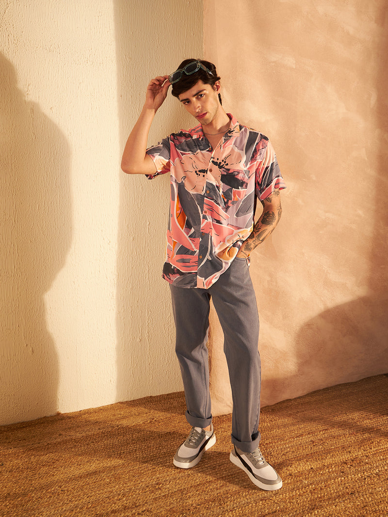 Peach & Grey: Half Sleeves Block Printed Shirt