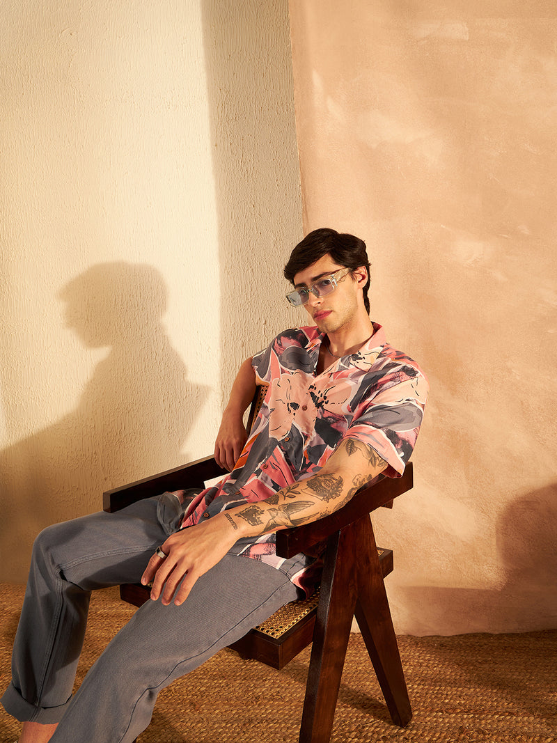 Peach & Grey: Half Sleeves Block Printed Shirt