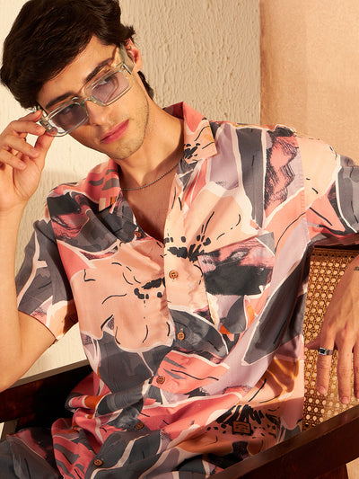 Peach & Grey: Half Sleeves Block Printed Shirt
