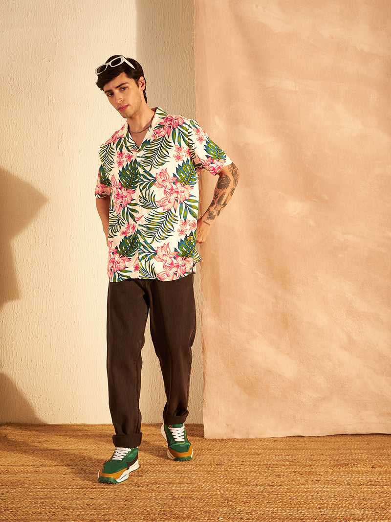 DENNISON White & Green Block Printed Shirt