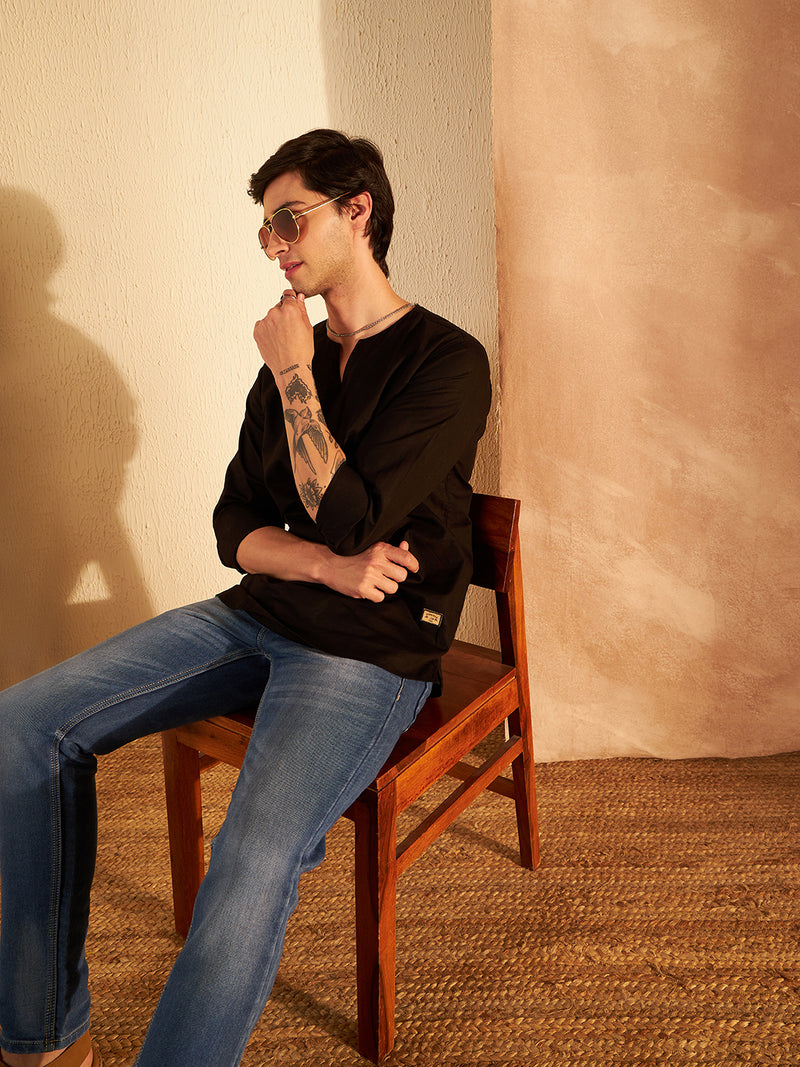 Men Black Comfort Slim Fit Short Kurta