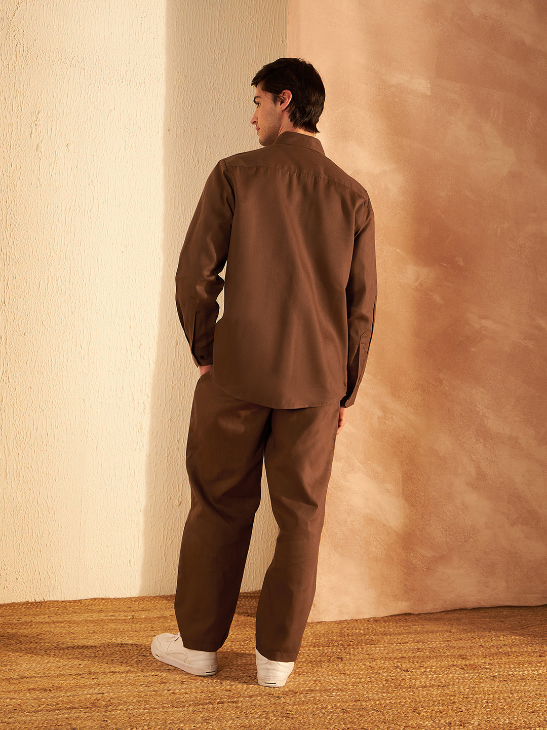 DENNISON Men Brown Coord Set | Solid Shirt With Straight Fit Pant