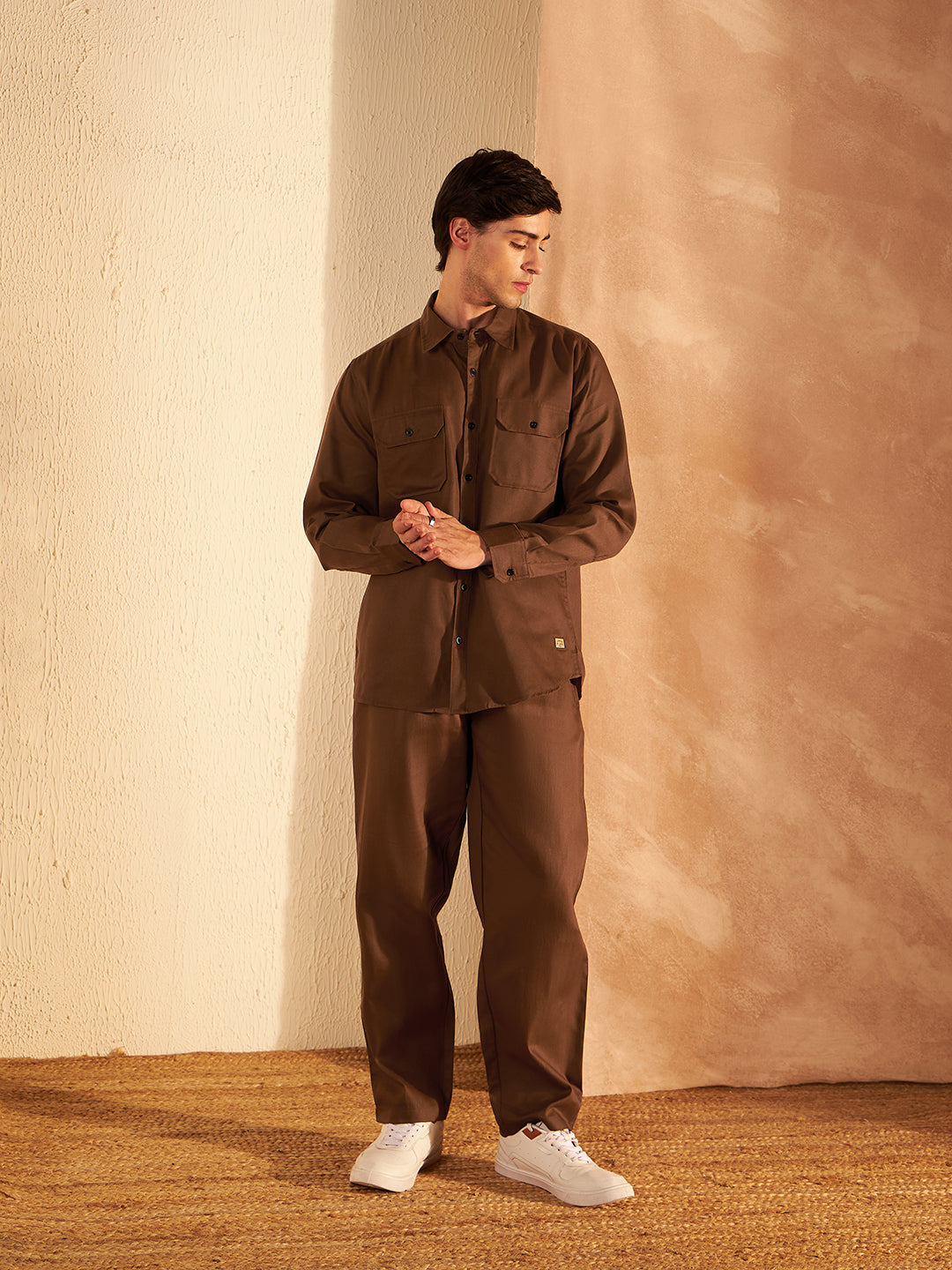 DENNISON Men Brown Coord Set | Solid Shirt With Straight Fit Pant