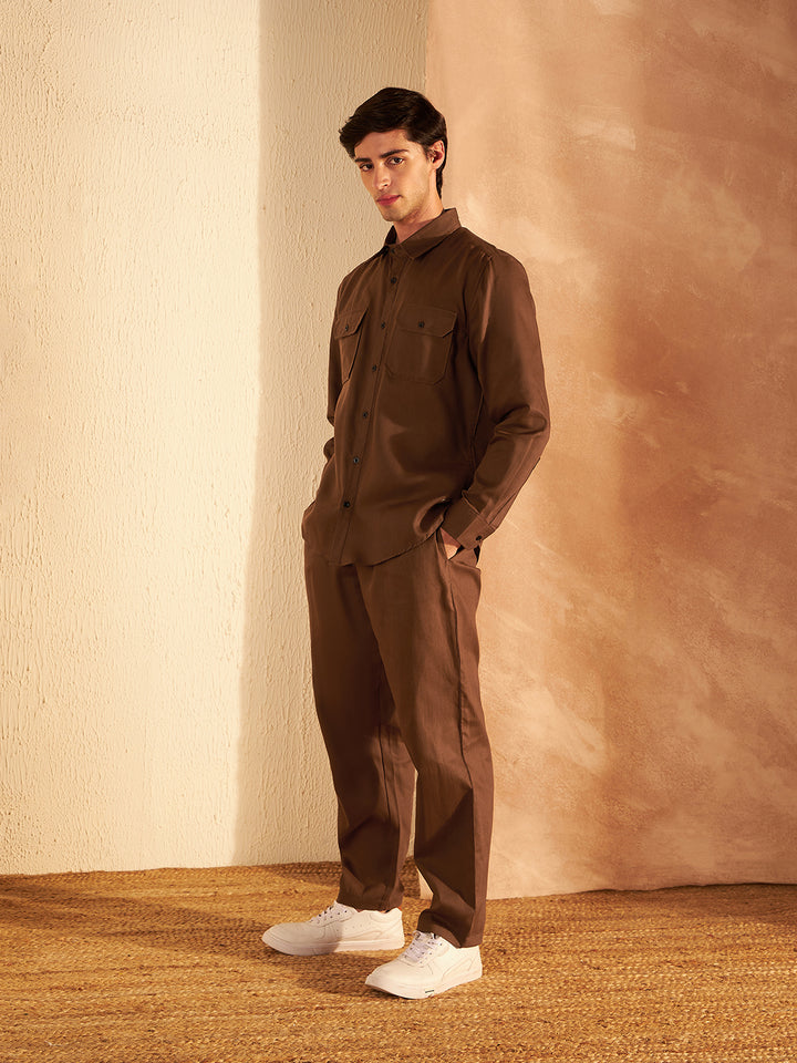 DENNISON Men Brown Coord Set | Solid Shirt With Straight Fit Pant