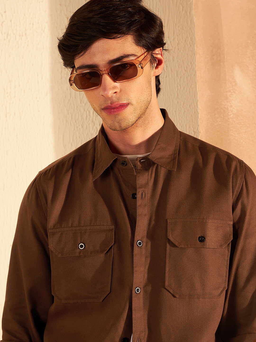 DENNISON Men Brown Coord Set | Solid Shirt With Straight Fit Pant