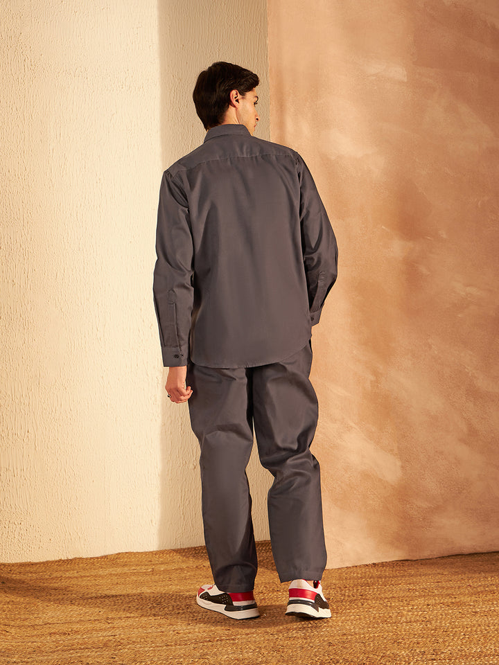 DENNISON Men Grey Coord Set | Solid Shirt With Straight Fit Pant