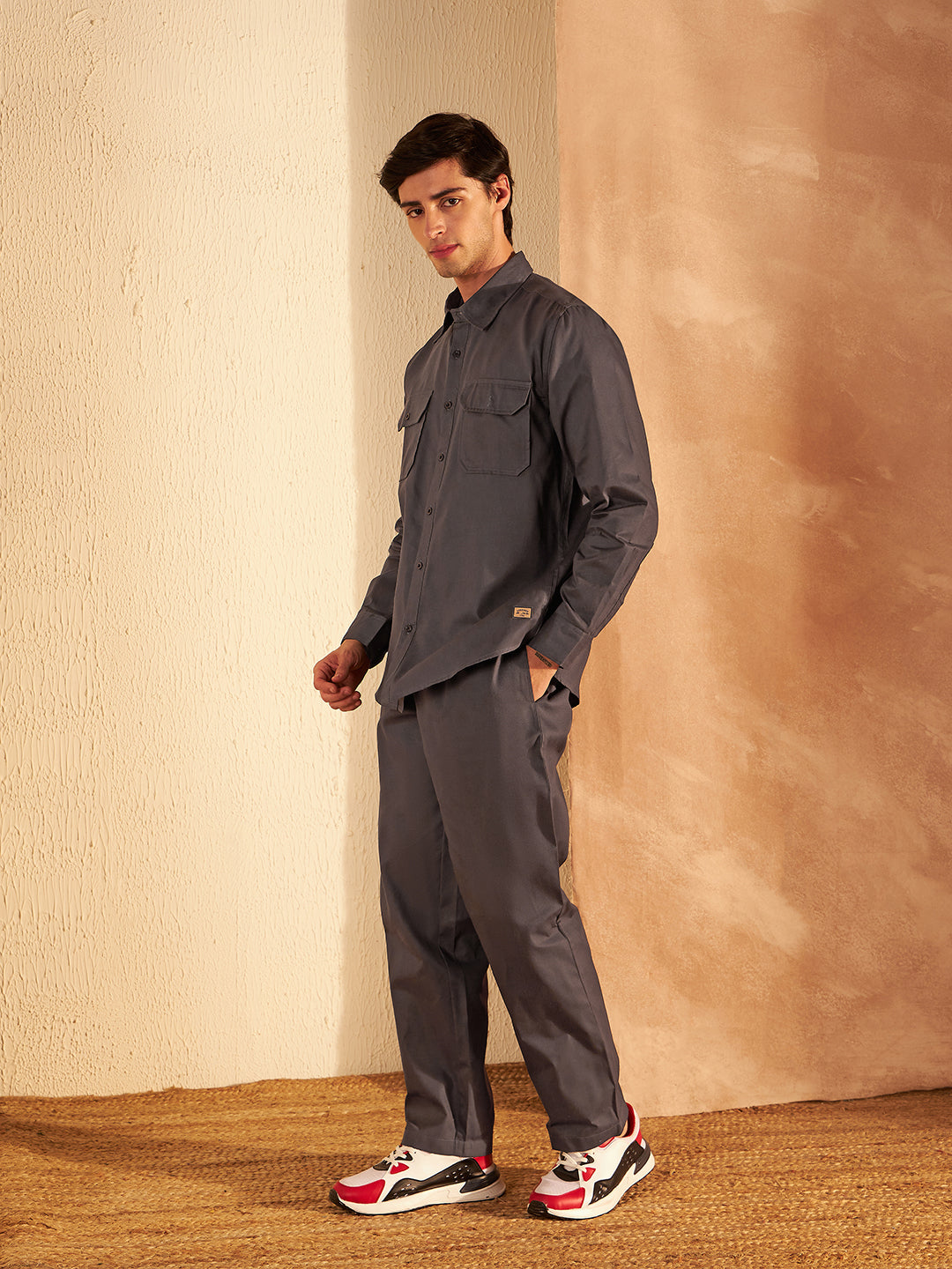 DENNISON Men Grey Coord Set | Solid Shirt With Straight Fit Pant