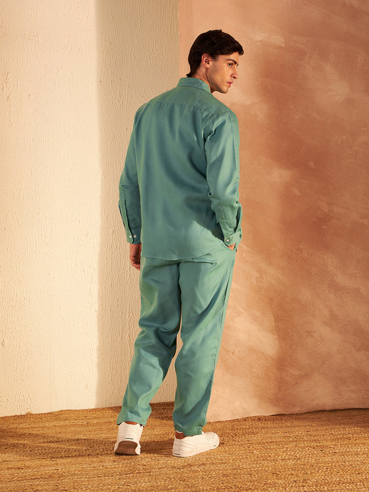 DENNISON Men Green Coord Set | Solid Shirt With Straight Fit Pant