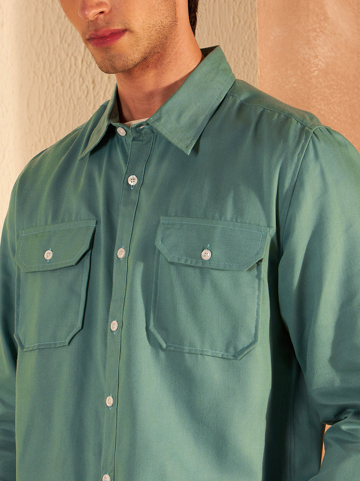 DENNISON Men Green Coord Set | Solid Shirt With Straight Fit Pant