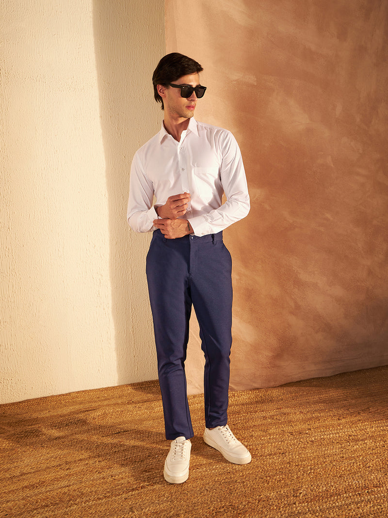 Navy Blue: Textured Stretchable Chinos