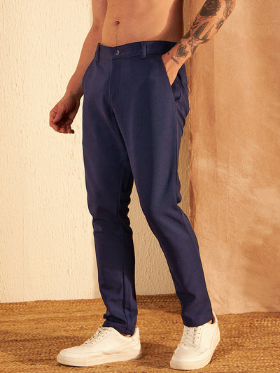Navy Blue: Textured Stretchable Chinos