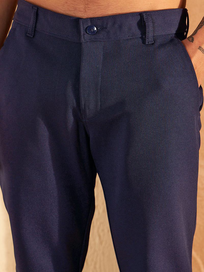 Navy Blue: Textured Stretchable Chinos