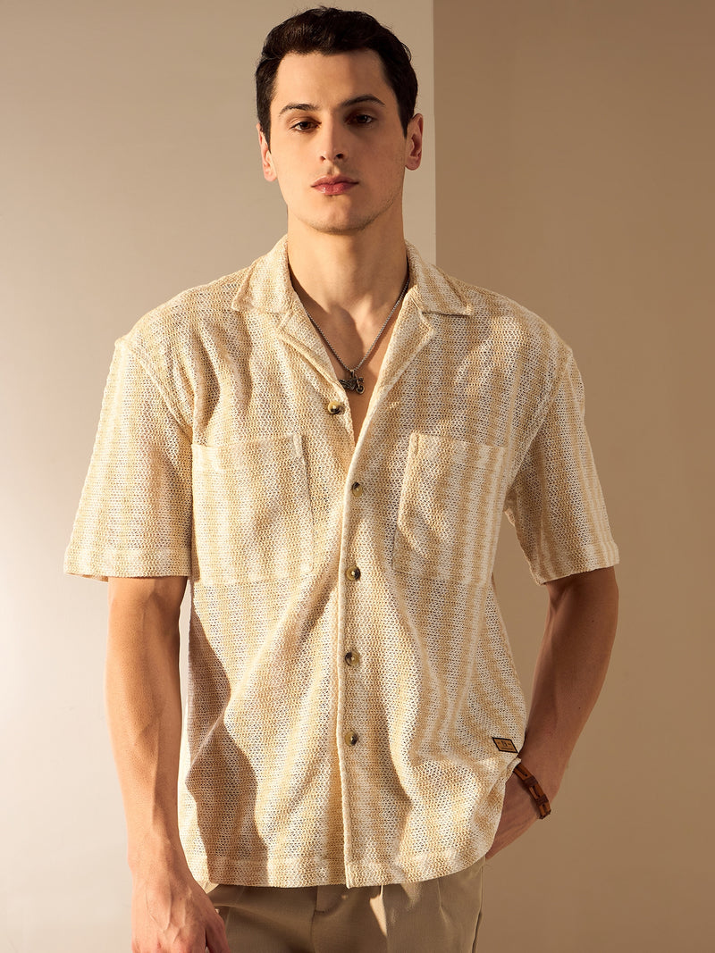Beige & White: Zig Zag Oversized Crochet Shirt