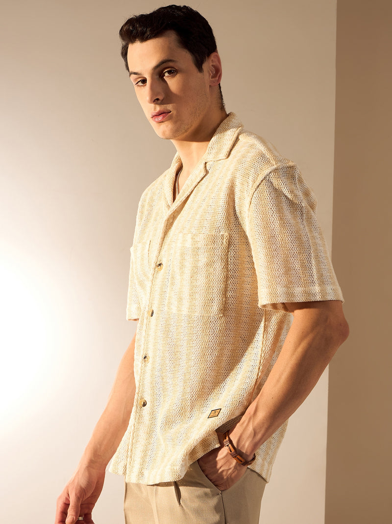 Beige & White: Zig Zag Oversized Crochet Shirt