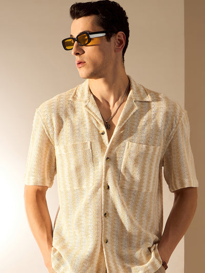 Beige & White: Zig Zag Oversized Crochet Shirt
