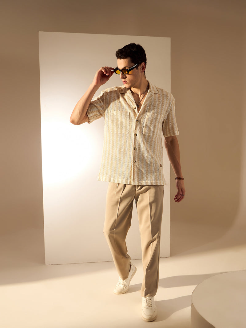 Beige & White: Zig Zag Oversized Crochet Shirt
