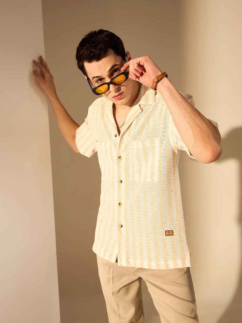 Beige & White: Zig Zag Oversized Crochet Shirt