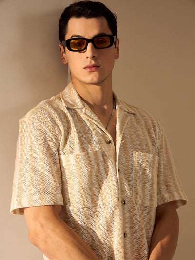 Beige & White: Zig Zag Oversized Crochet Shirt