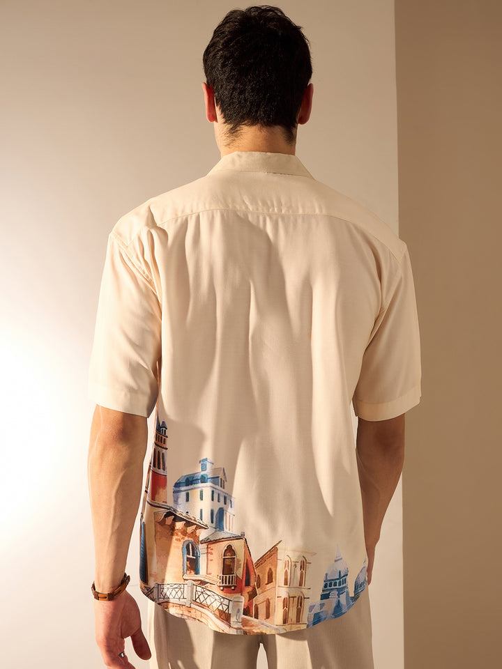 Cream: Placement Print Rayon Oversized Shirt