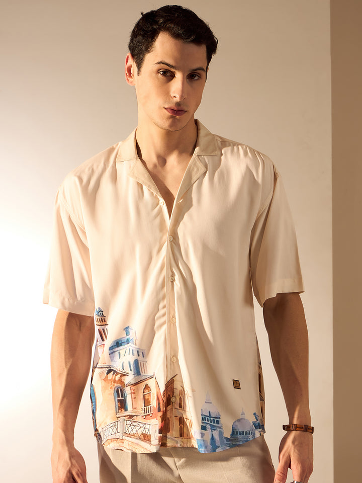Cream: Placement Print Rayon Oversized Shirt
