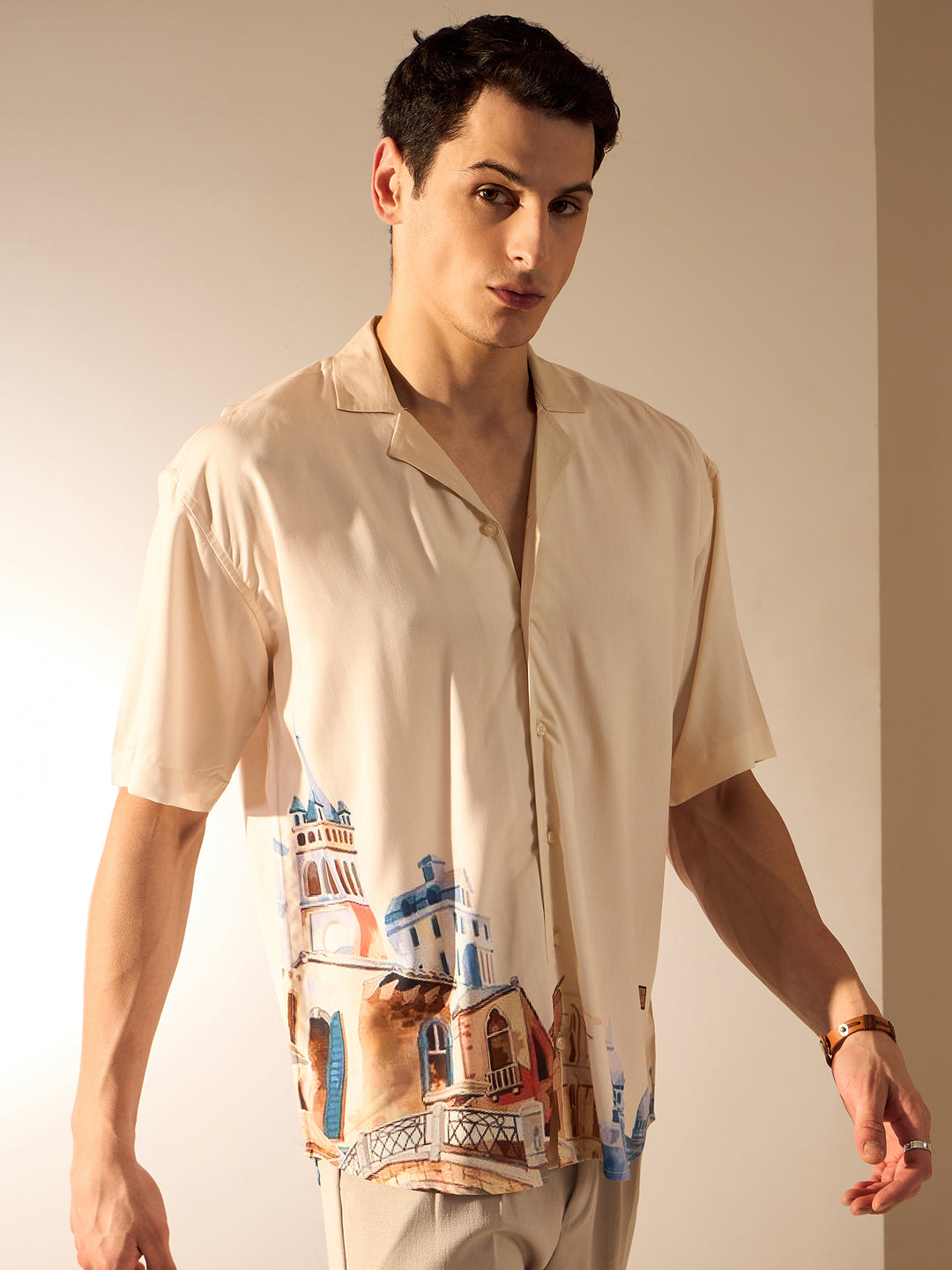 Cream: Placement Print Rayon Oversized Shirt