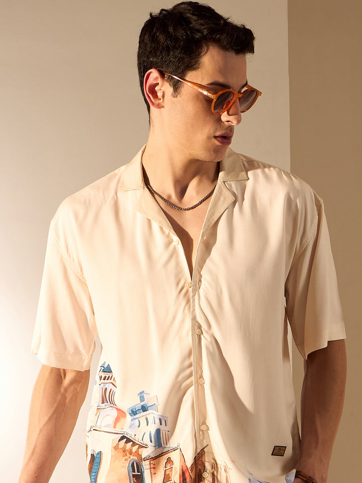 Cream: Placement Print Rayon Oversized Shirt