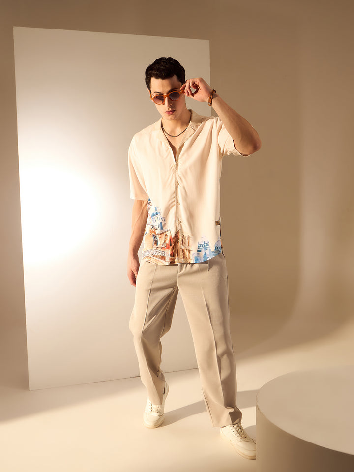 Cream: Placement Print Rayon Oversized Shirt