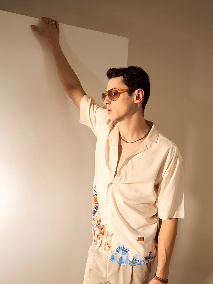 Cream: Placement Print Rayon Oversized Shirt