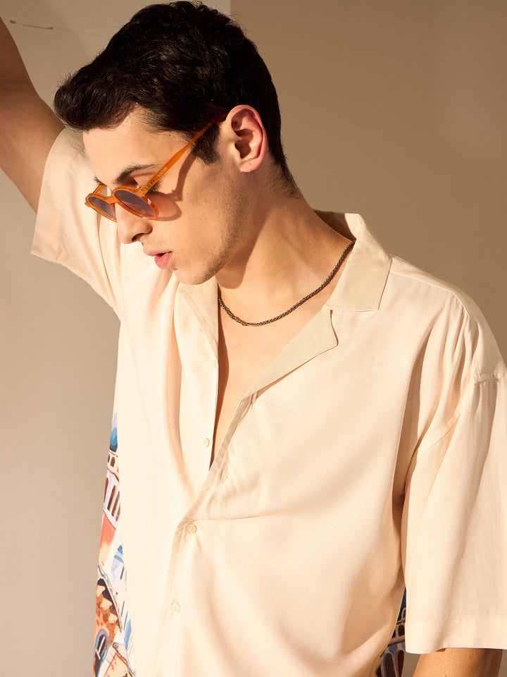 Cream: Placement Print Rayon Oversized Shirt