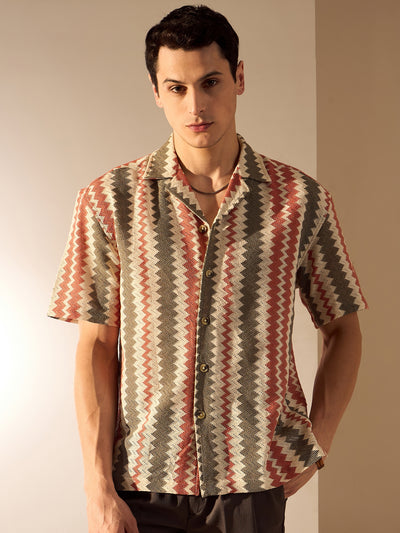 Cream and Maroon: Zigzag Pattern Crochet Shirt