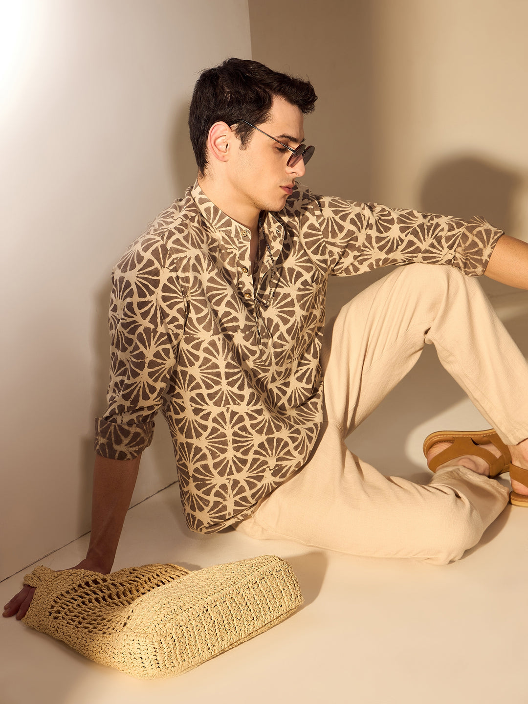 Brown & Cream: Hand Block Sustainable Short Kurta