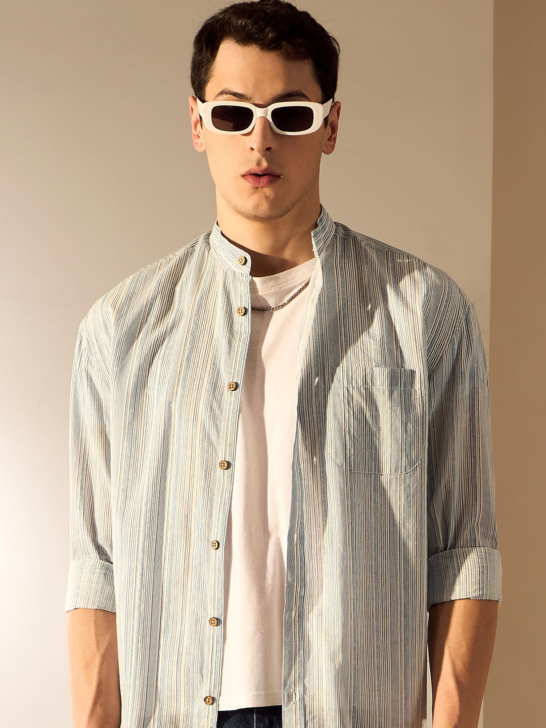 White & Blue: Aspect Striped Oversized Shirt