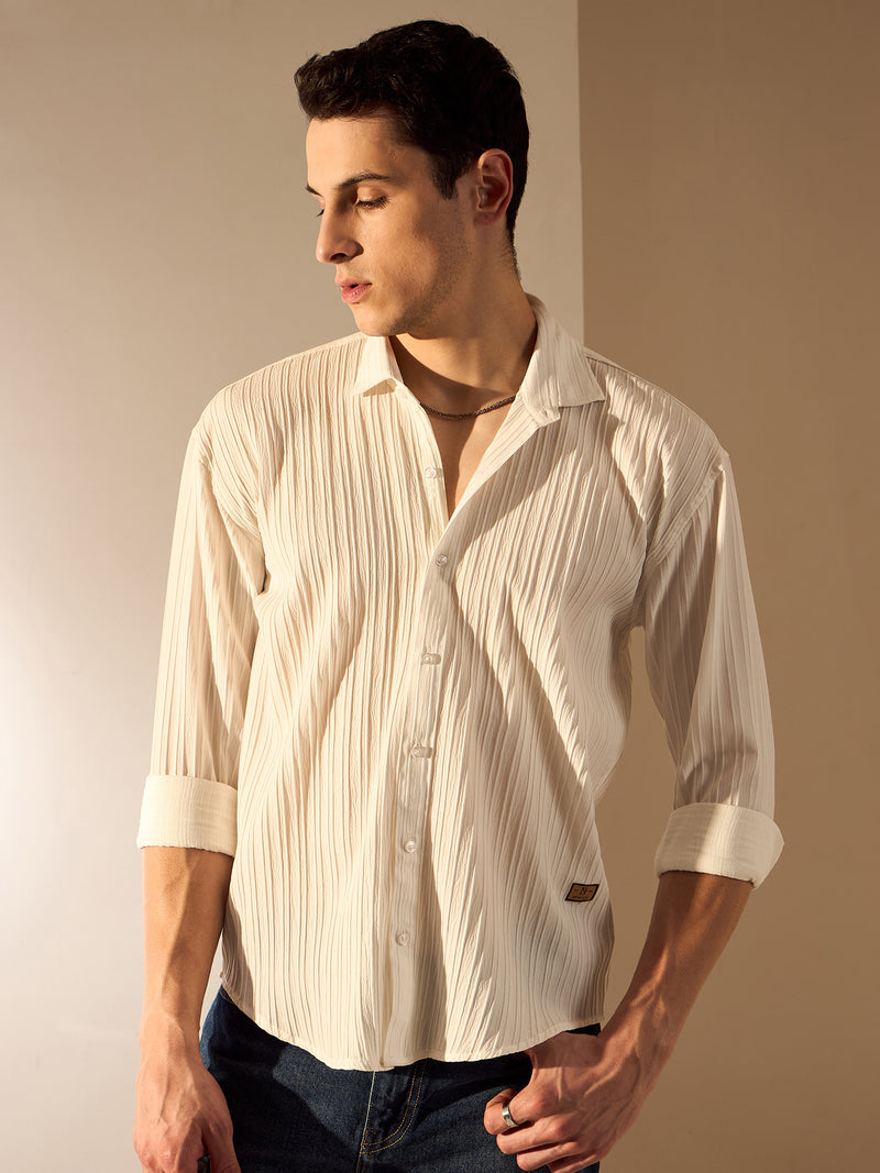 White: Full Sleeves Self-Design Oversized Shirt