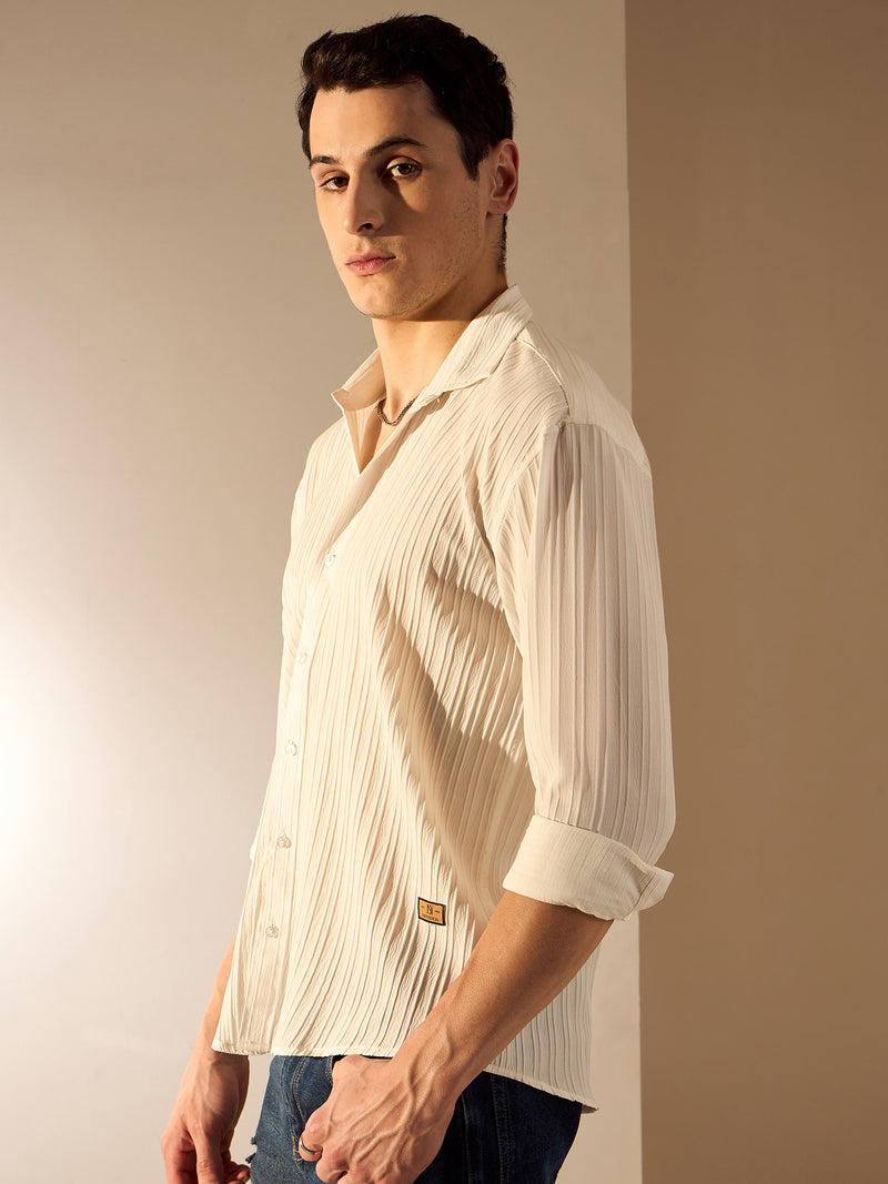 White: Full Sleeves Self-Design Oversized Shirt